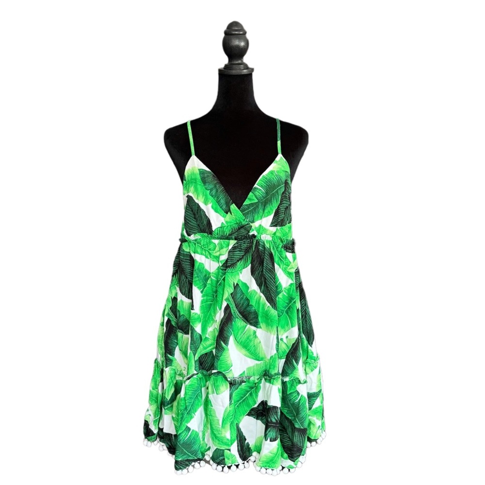 Small Forever21 Green Crepe Tropical Leaf Mini Dress